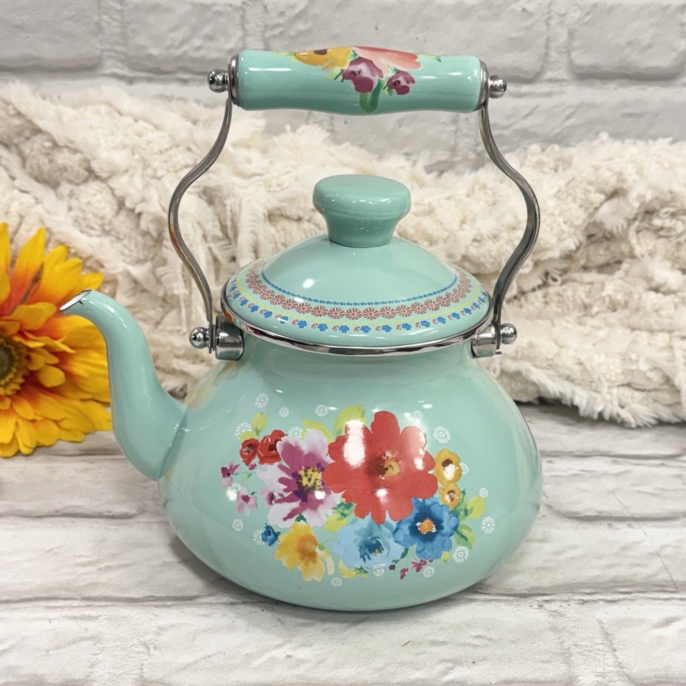 Pioneer Woman Breezy Blossom Cottage Tea Kettle Floral Enamel On Steel 1.9-Quart